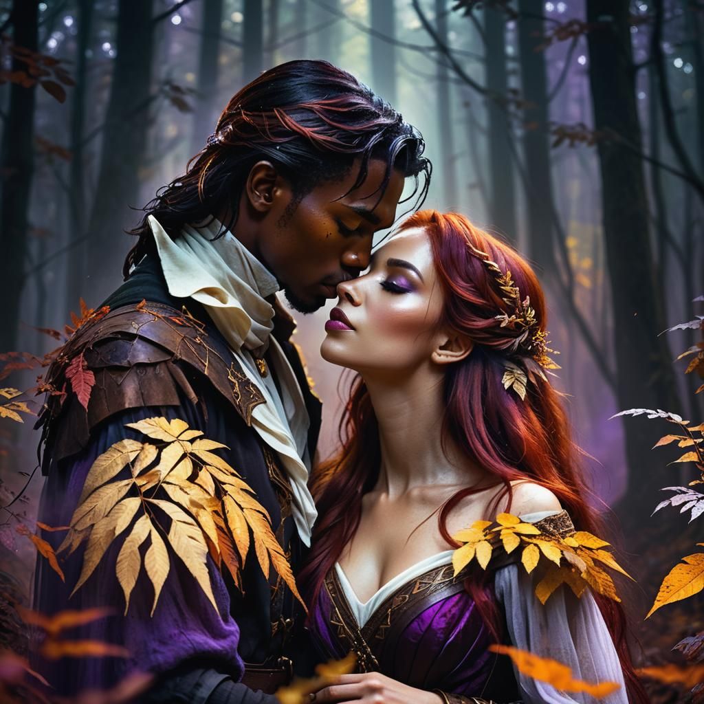 Romantic Kiss in Dark Fantasy Forest