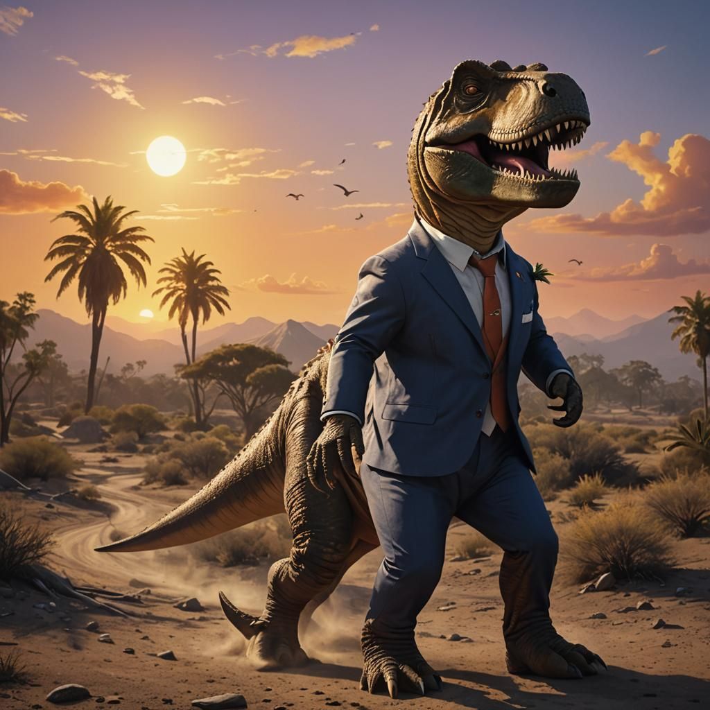 T-Rex in Suit Walking into Sunset
