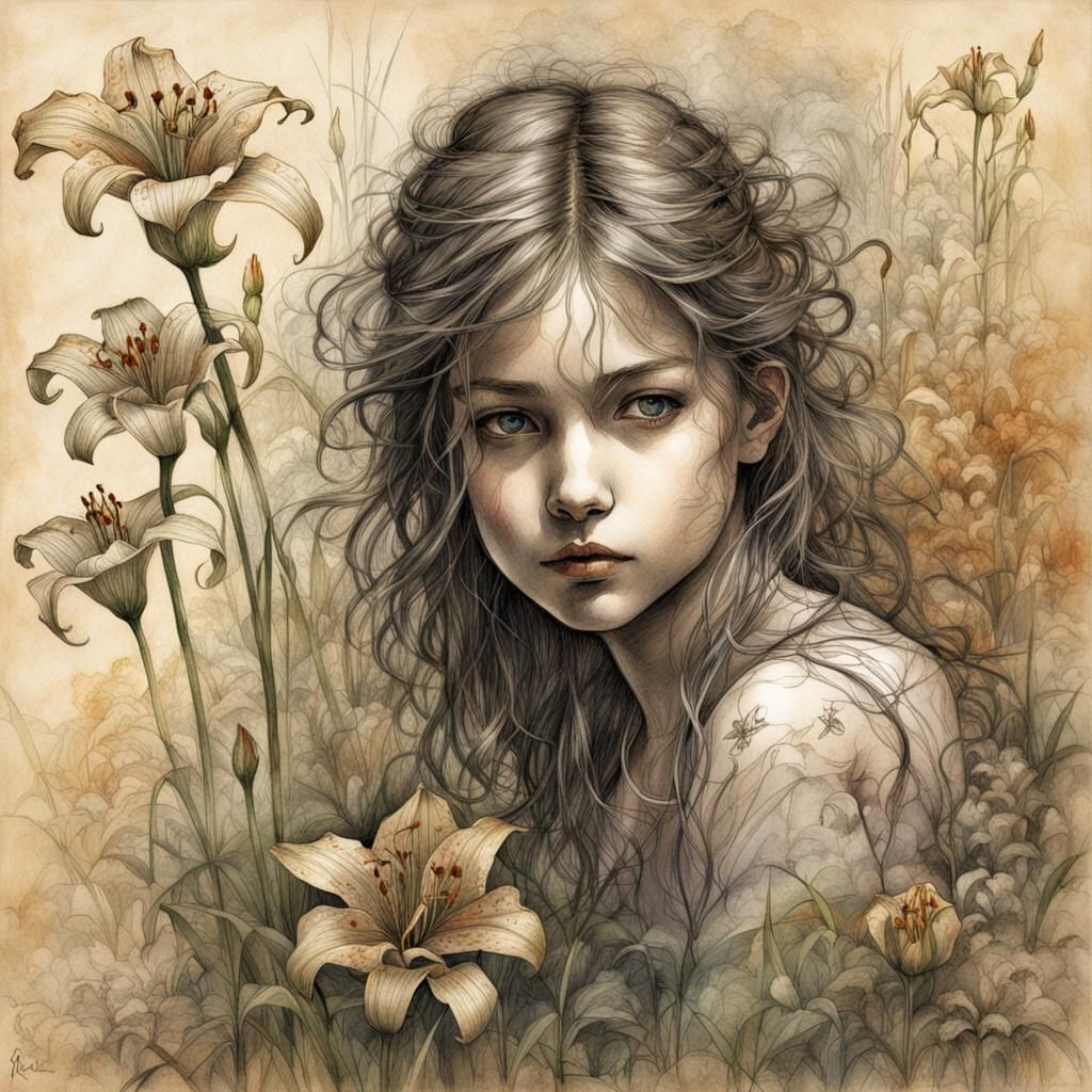 Ink Drawing of Girl with Lily Plant Illustration