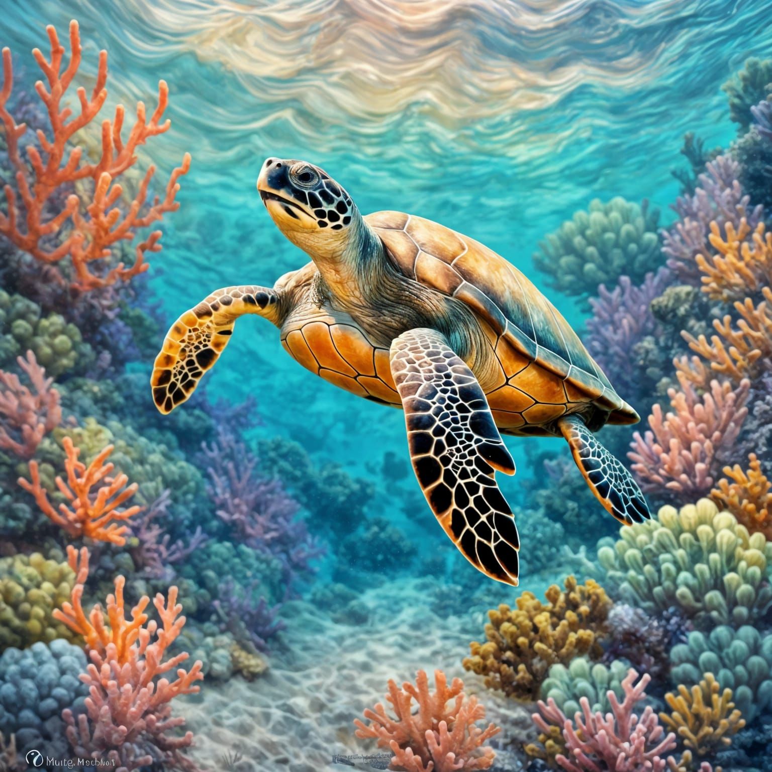 Sea Turtle in Coral Reef: Impressionist Pastel Art