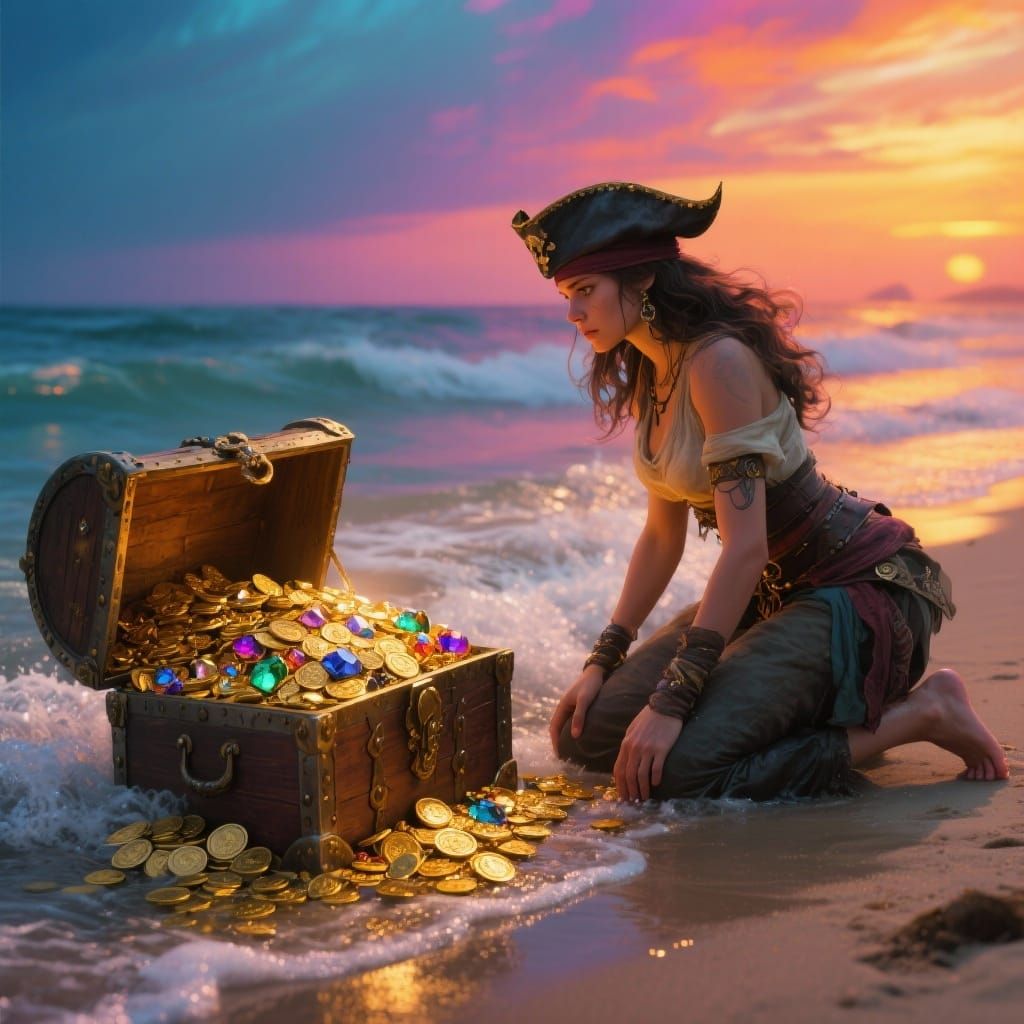 Pirate Finds Treasure on a Sandy Beach