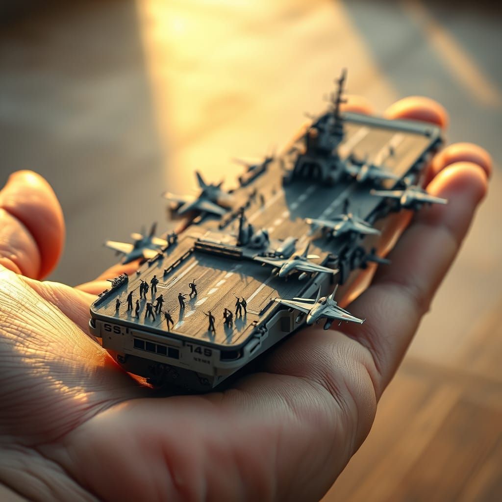 Cinematic Miniature U.S. Aircraft Carrier in Human Hand