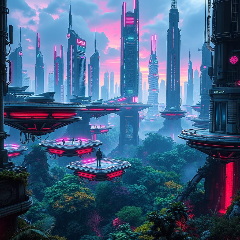 Futuristic Metropolis with Neon Platforms and Lush Forest