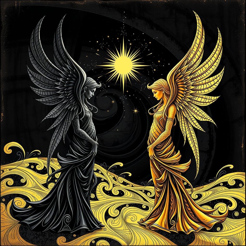 Black and Gold Angels in Zentangle Art Style