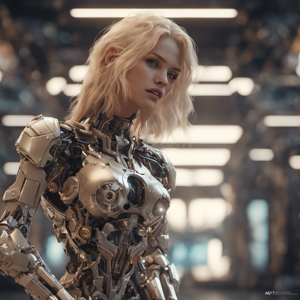 Blonde Woman's Futuristic Encounter with Her Maker