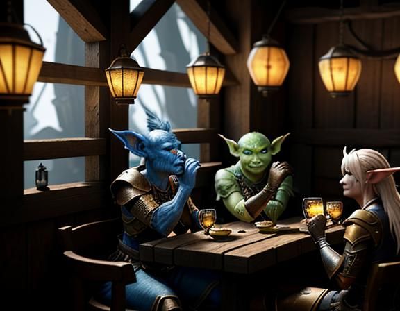 Goblins Enjoying Cocktails in a Rustic Tavern