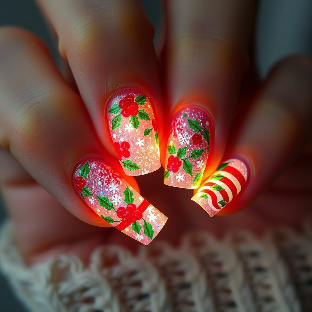 Glowing Christmas Nail Art in Futuristic Neon Style