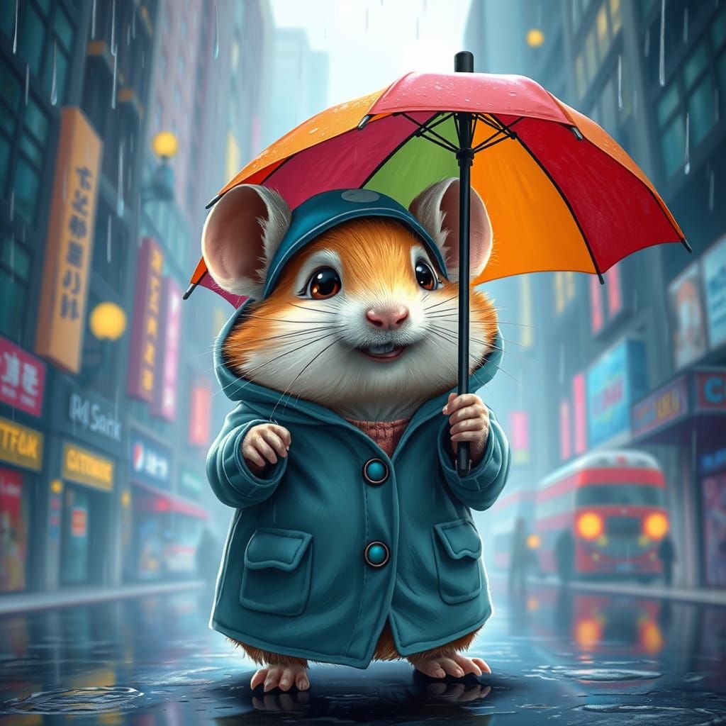 Whimsical Hamster in Colorful Rainy City