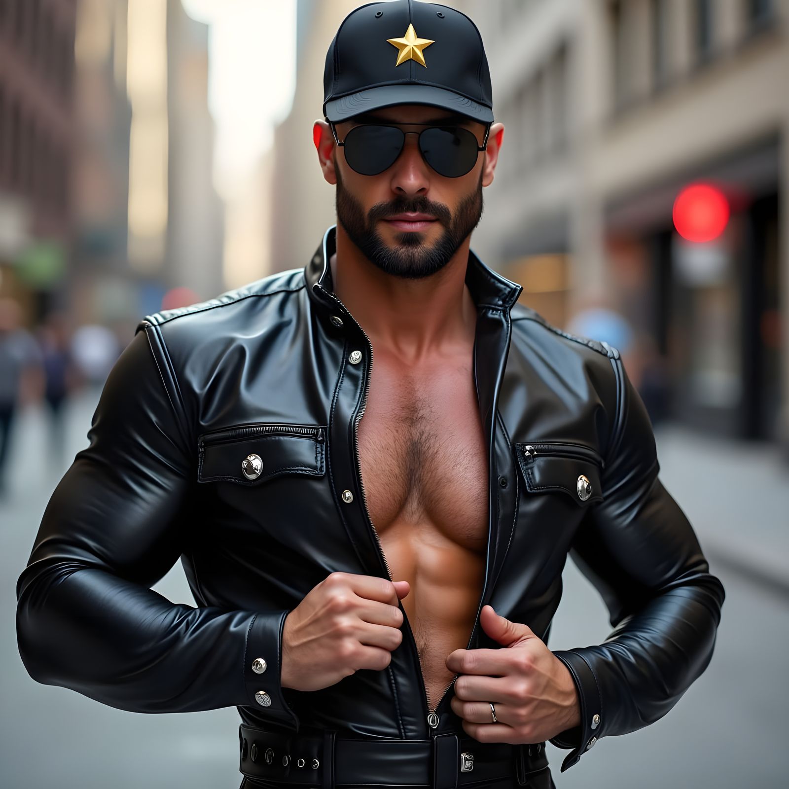 Muscular Man in Leather Jumpsuit, Urban Outdoor Photo