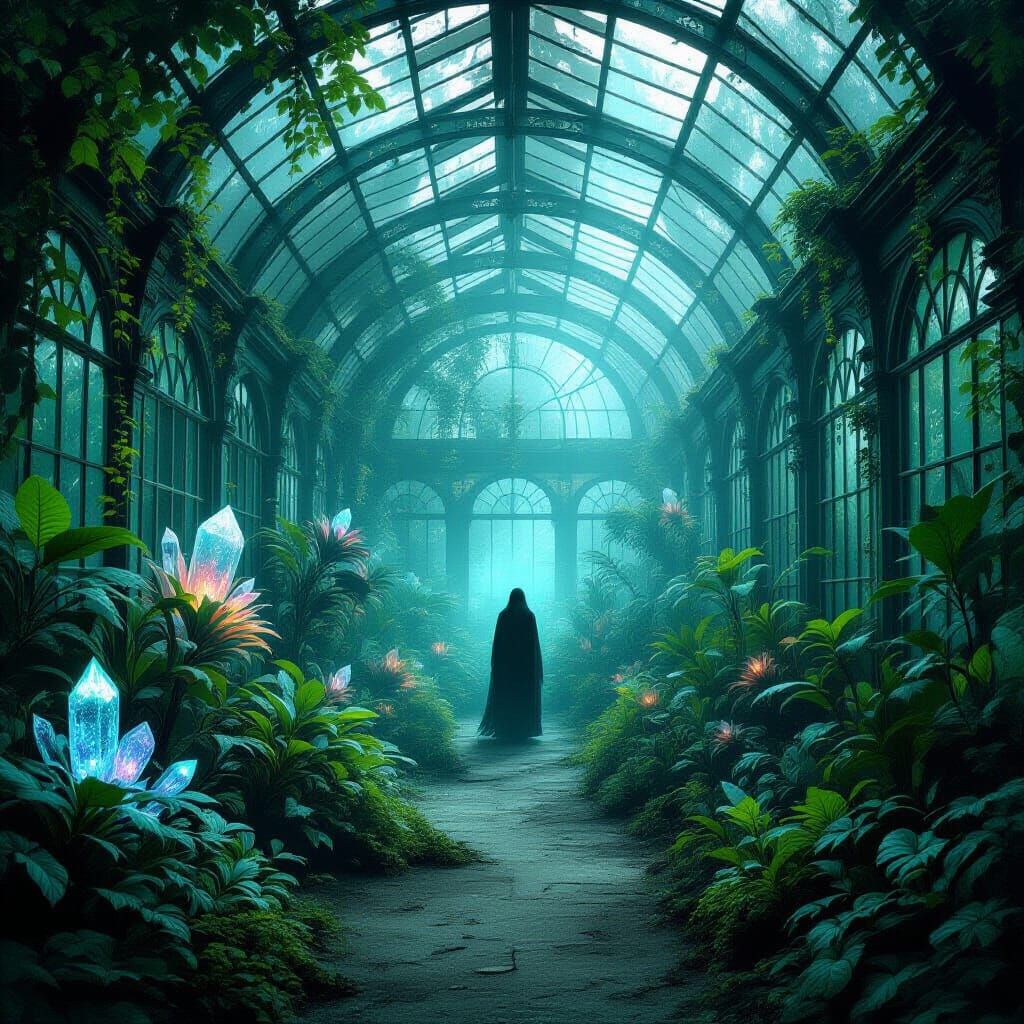 Spectral Figure in Bioluminescent Victorian Greenhouse