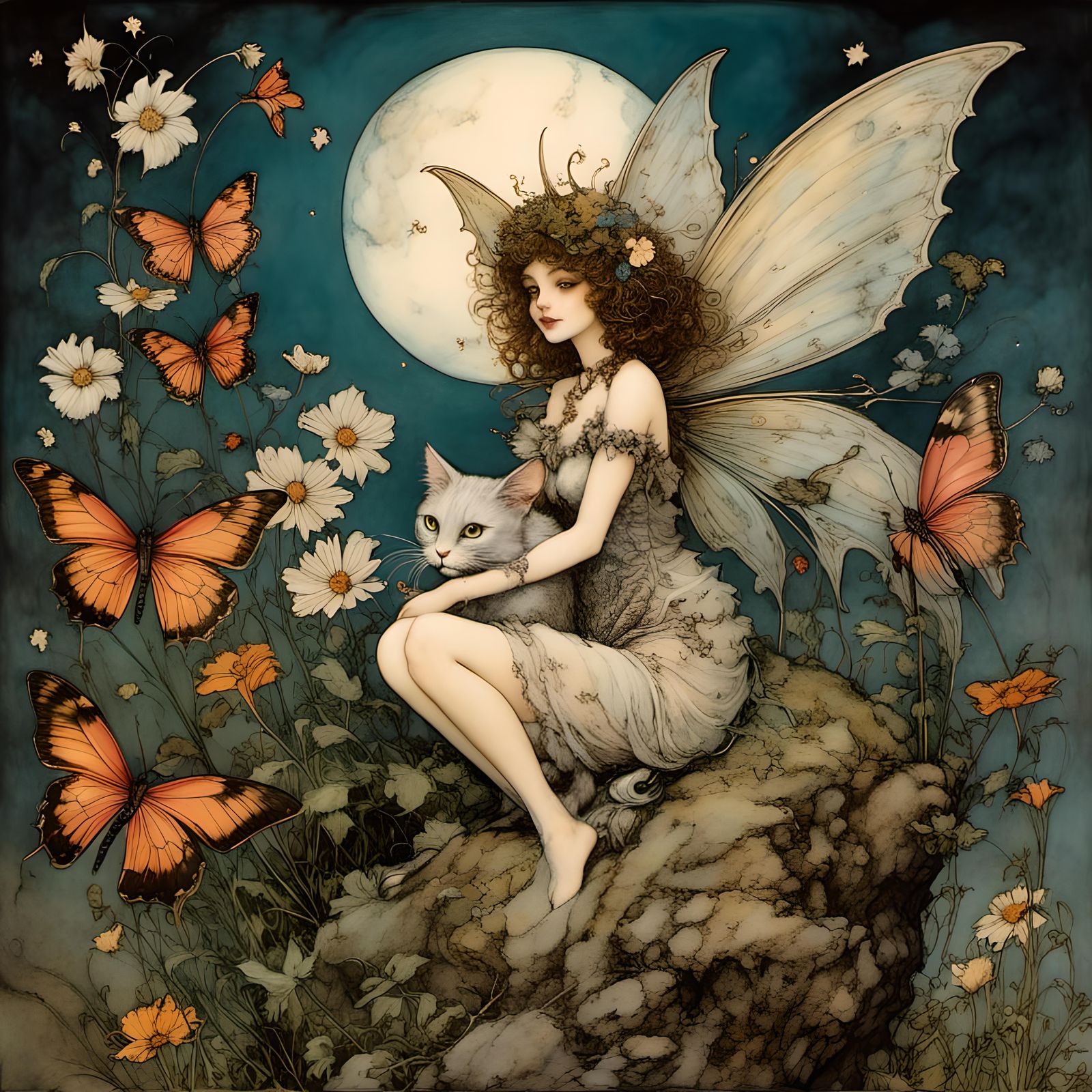 Happy fantasy fairy, cosmos, ultradetailed cat, correct face...