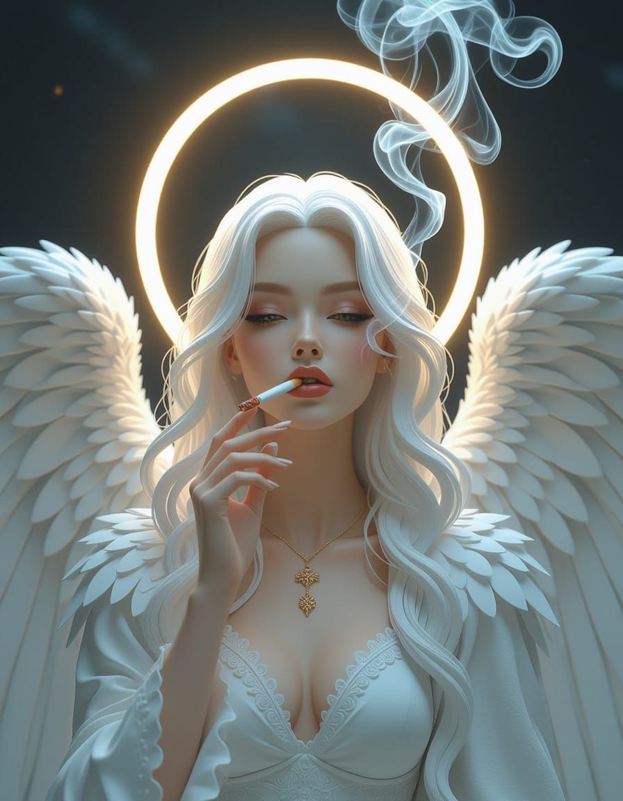 Angel with Cigarette in Moody Fantasy Art Style