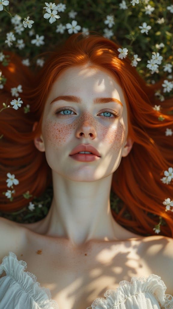 Red Haired Woman Serene on Grass with Flowers