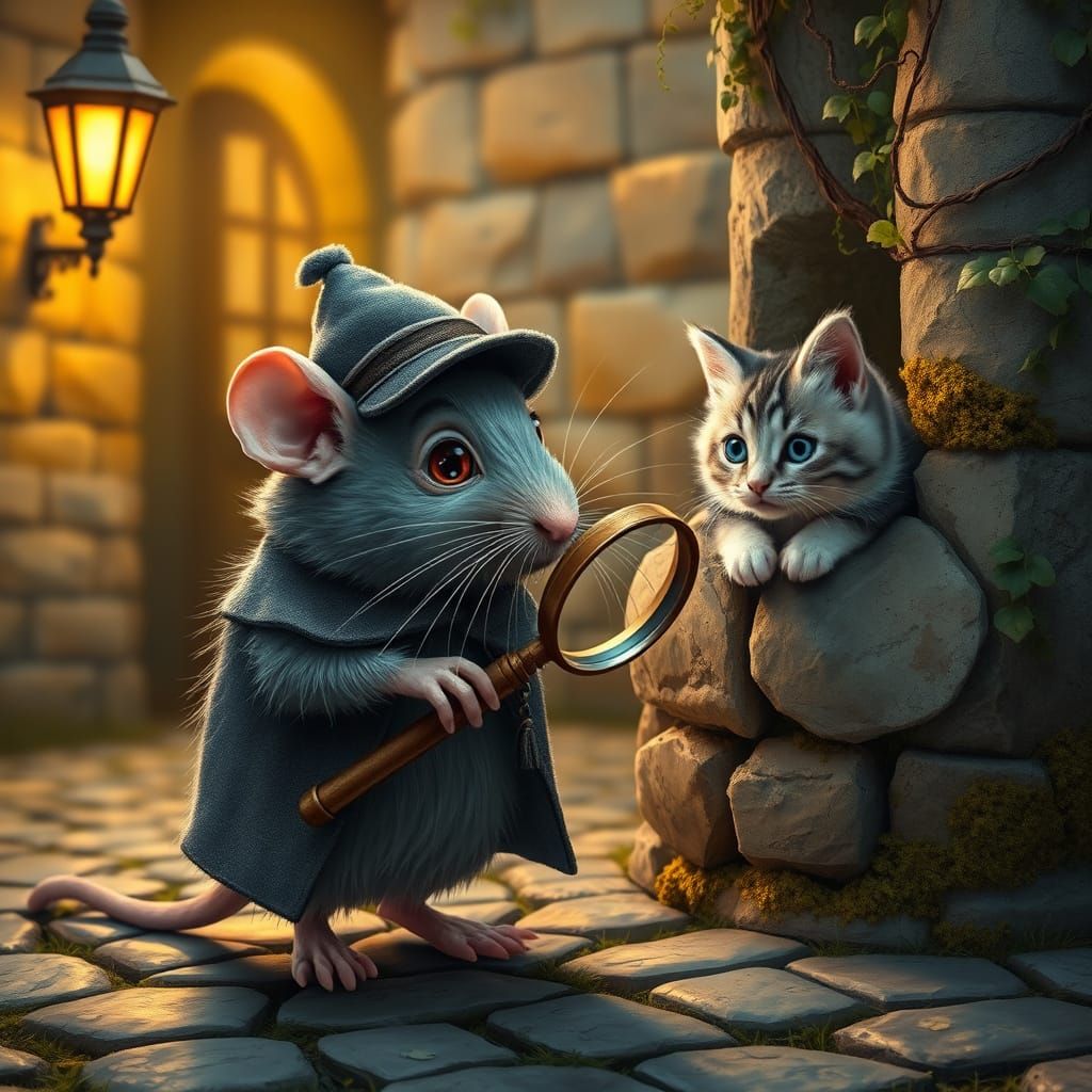 Realistic Rat in Detective Hat Searches Cobblestone Street