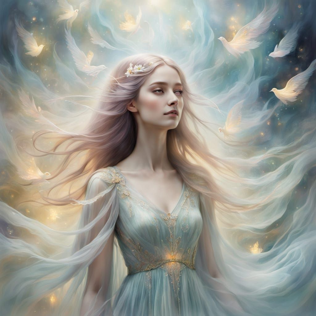 Ethereal Lady Ascending in Fantasy Art Style