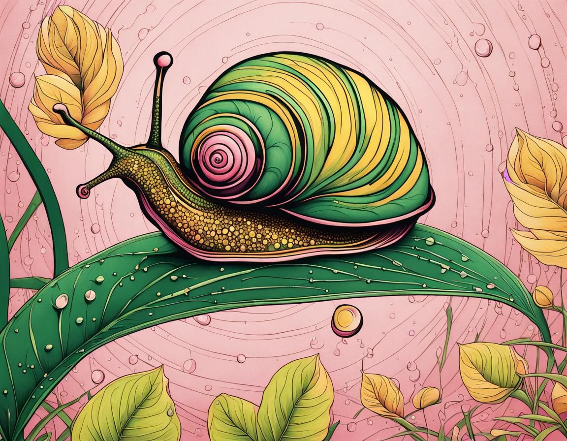 Art Deco Ink Drawing of Snail on Leaf