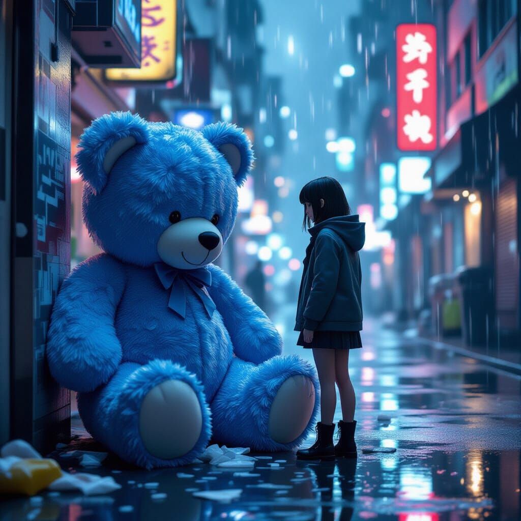 Sad Cyberpunk Girl Finds Teddy Bear in the Rain