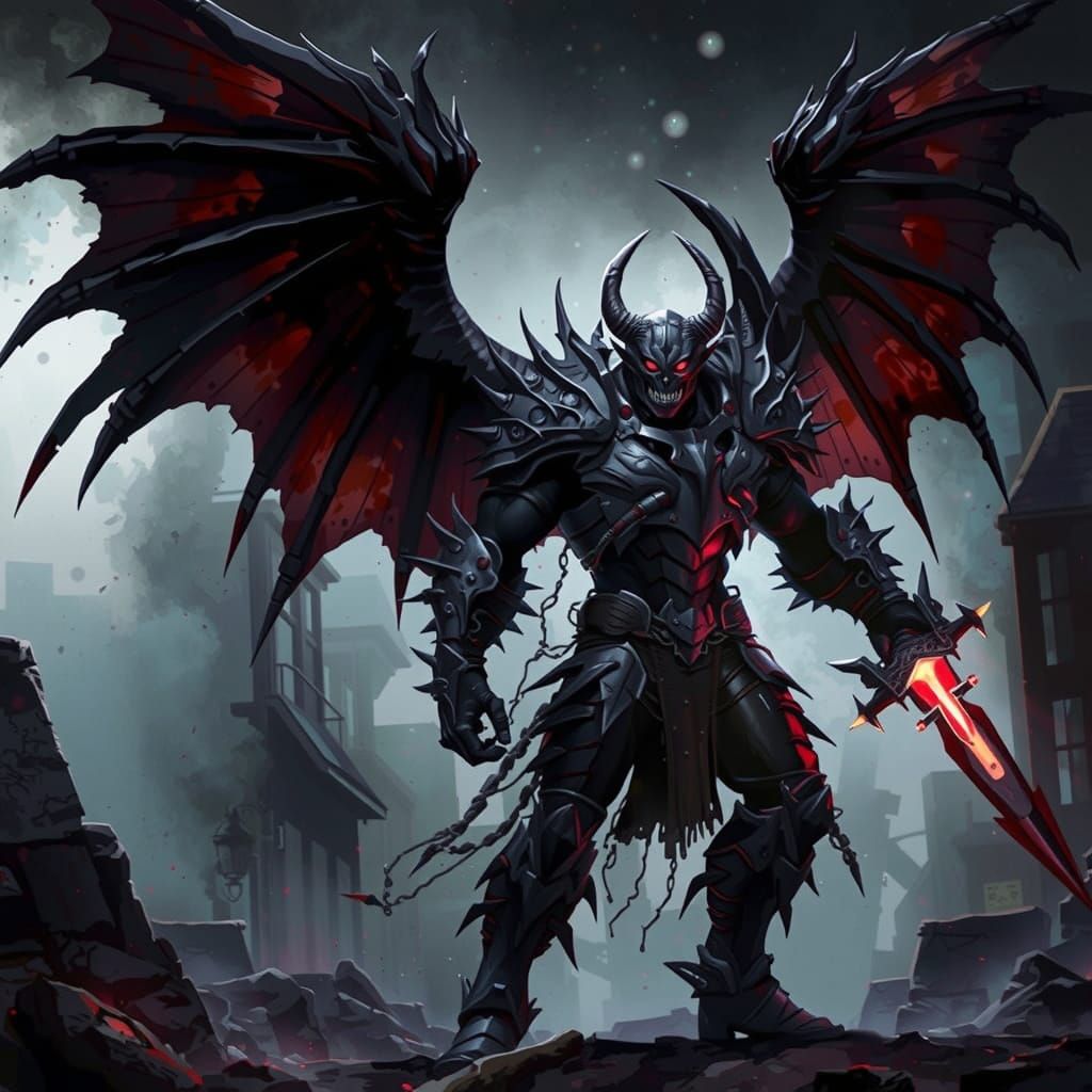 Dark Fantasy Demon in Battle Armor with Red Glowing Eyes and...