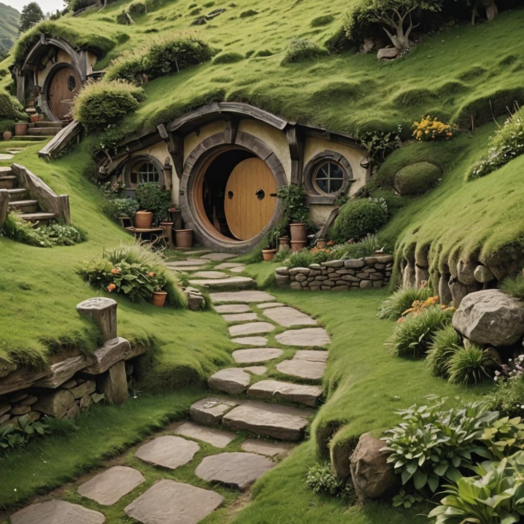 Bilbo Baggins' Cozy Hobbit Hole with Dog
