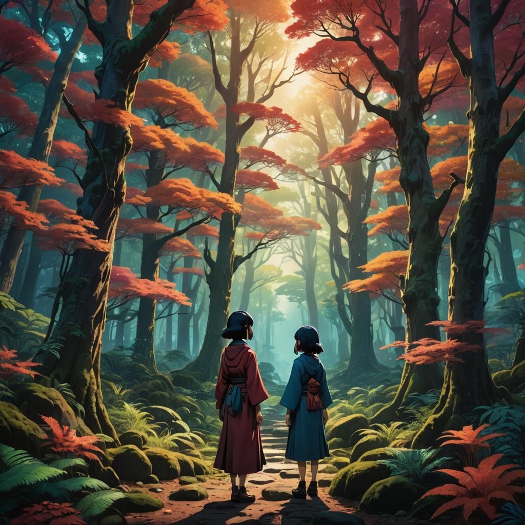 Japanese Girl in Mystical Forest: Manga Illustration