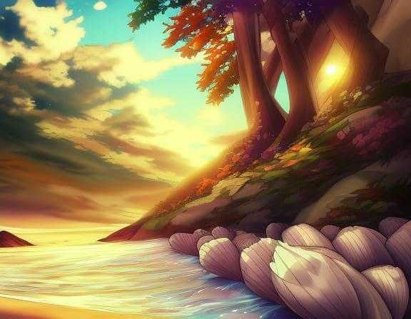 seashell shore by artist "anime", Anime Key Visual, Japanese Manga, Pixiv, Zerochan, Anime art, Fantia