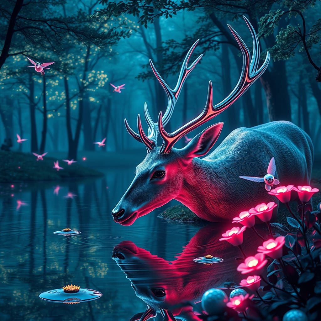 Futuristic Deer with Chrome Antlers in Glowing Forest