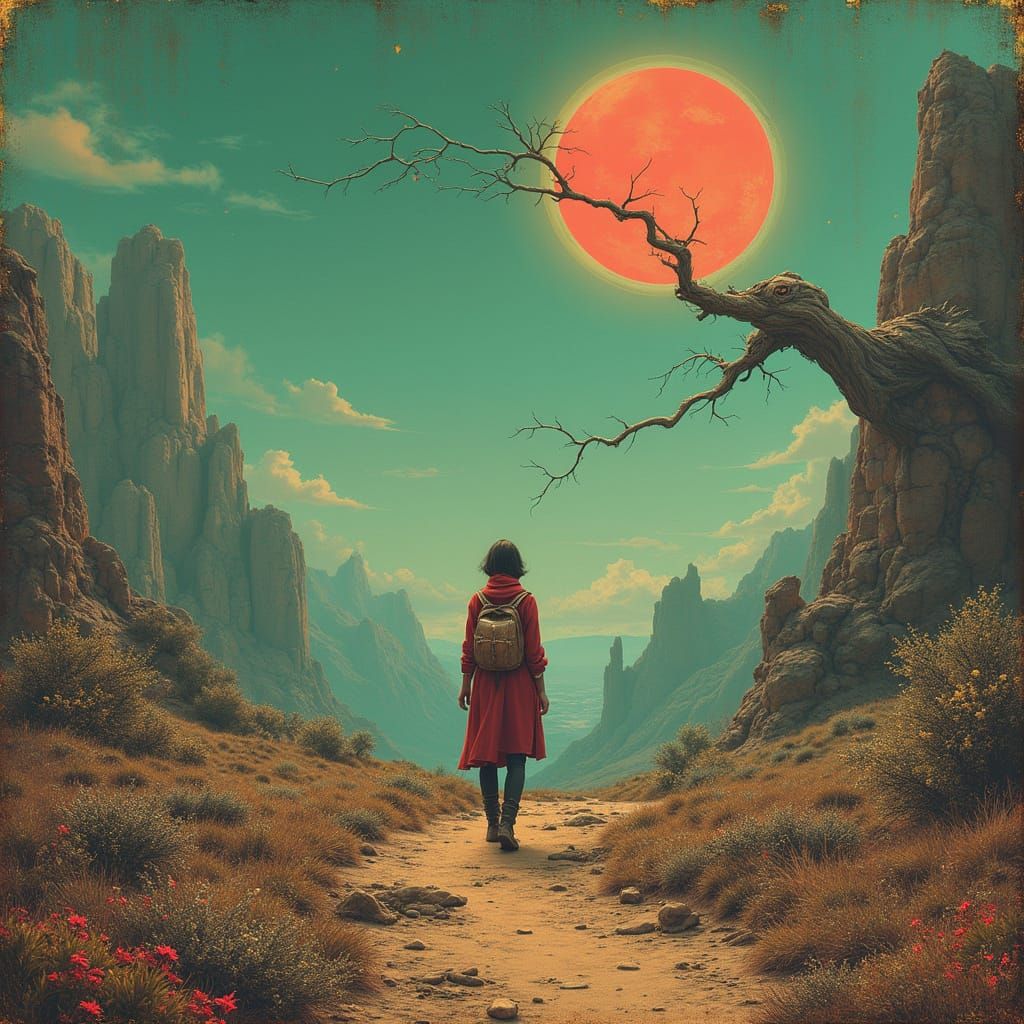 Gilded Wanderer in a Desolate Landscape