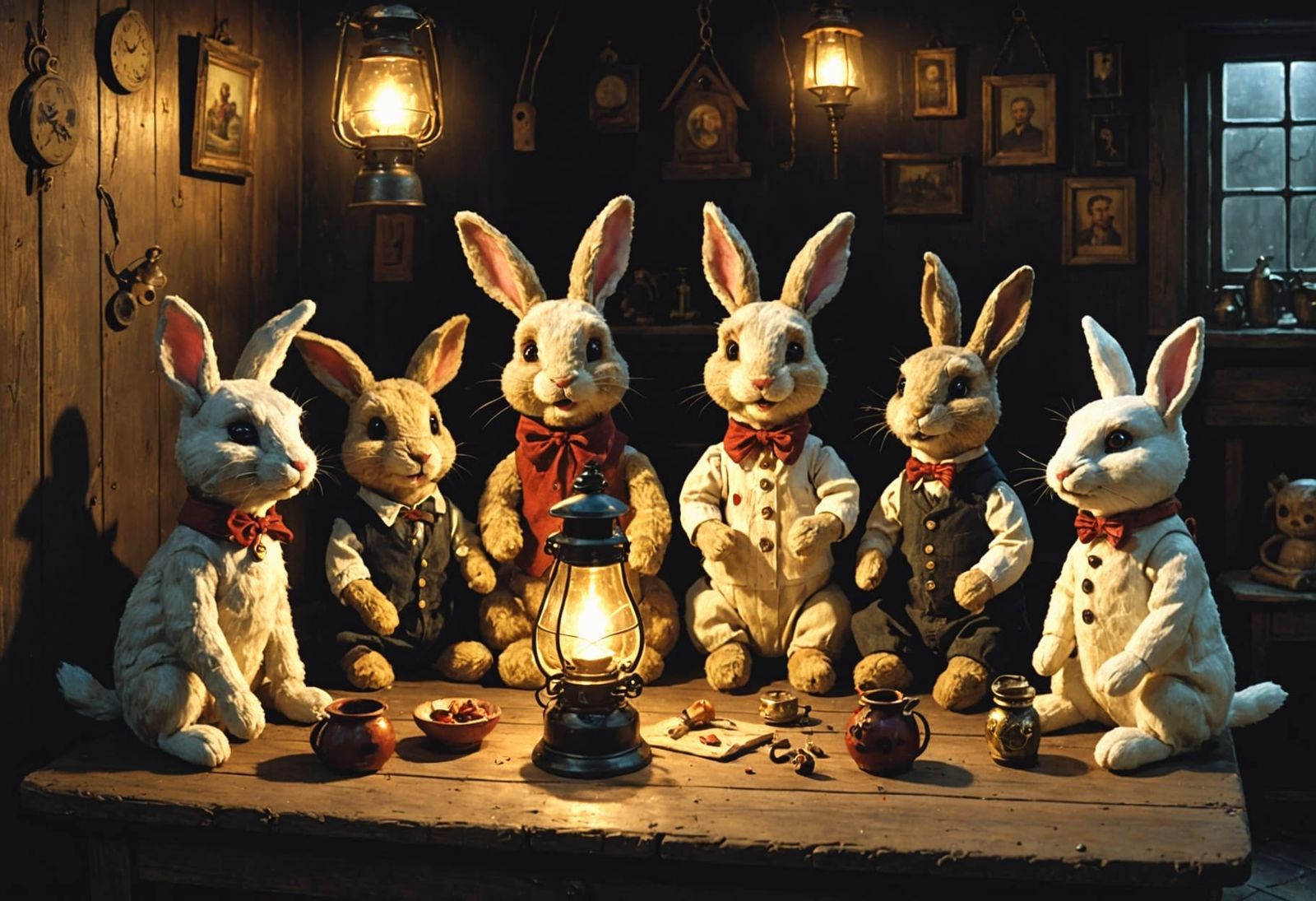 Sinister Stuffed Animals in Lantern Light - Impasto Oil Pain...