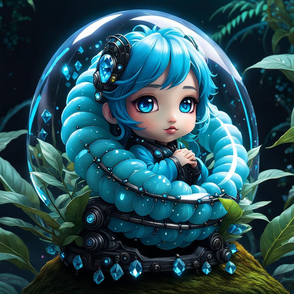 Charming Cyberpunk Cerulean Caterpillar in Crystal Cocoon