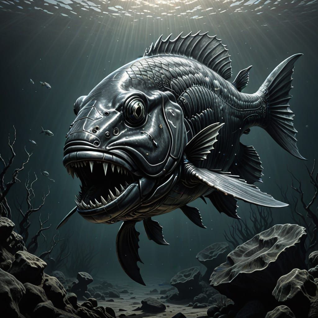 Gigantic Metallic Piranha Charges Forward in Dark Gritty Sty...