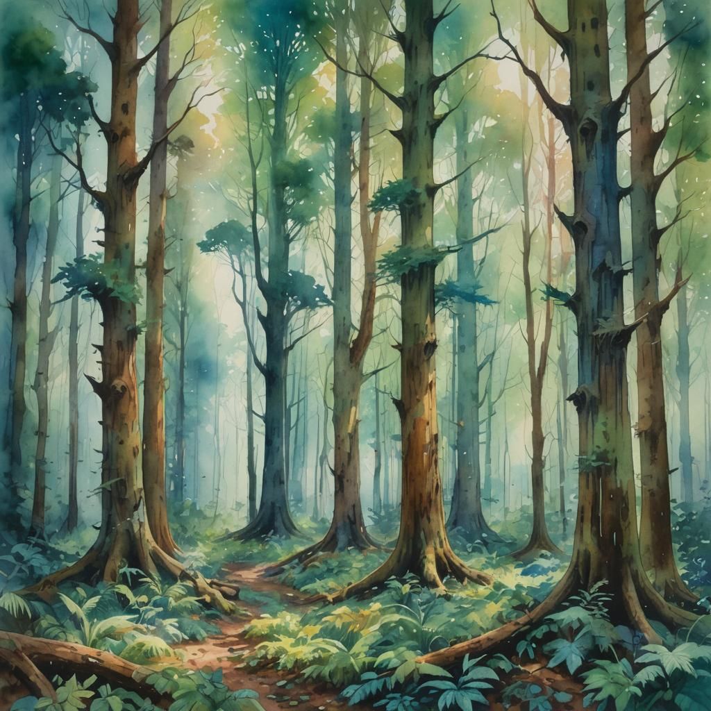 Emerald Forest: Vibrant Watercolor Painting