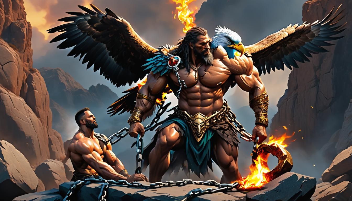 The muscular god Prometeus forged in chains on the rock and an eagle who eats his heart from his wicked chest fire for p...