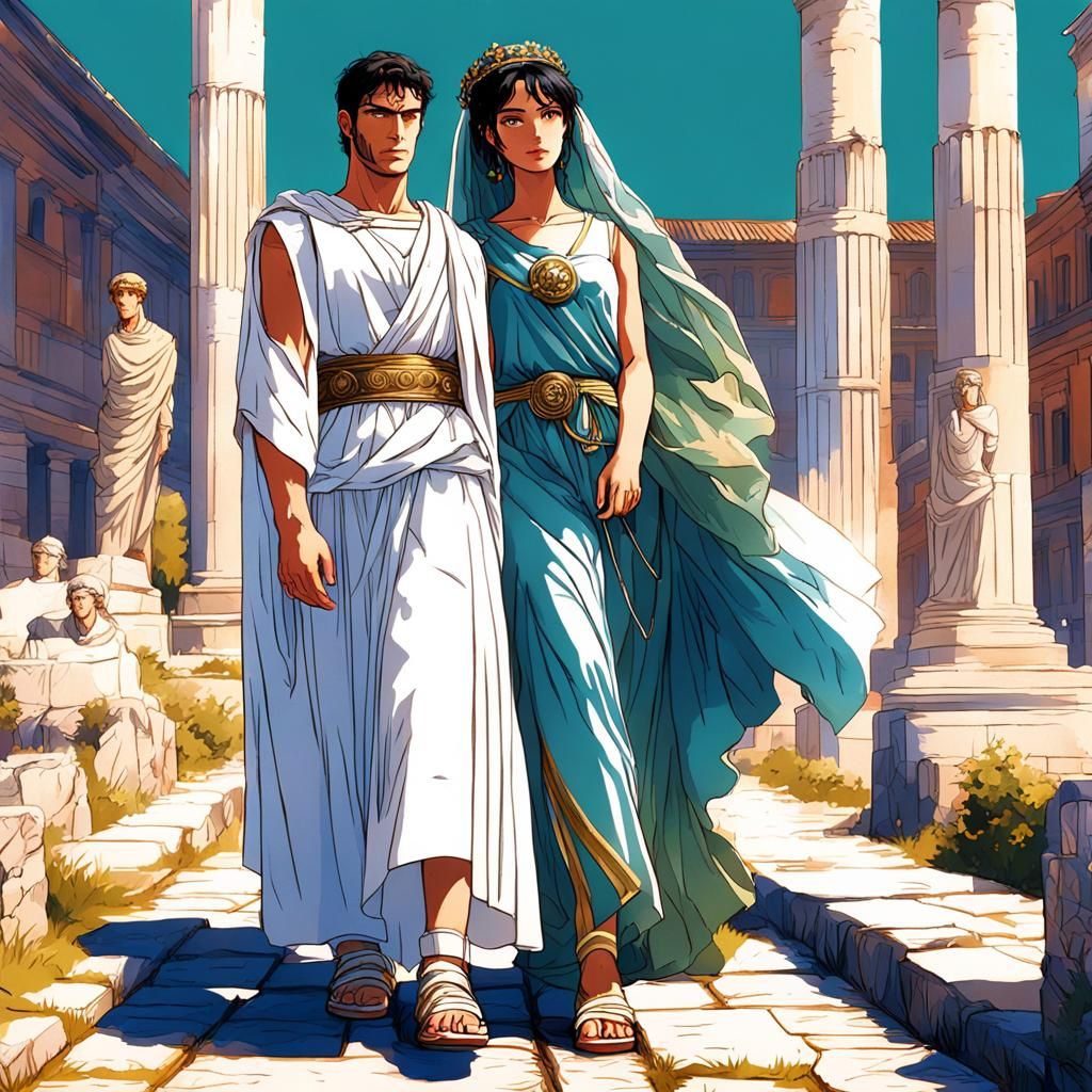 Anime Roman Couple in Classical Setting