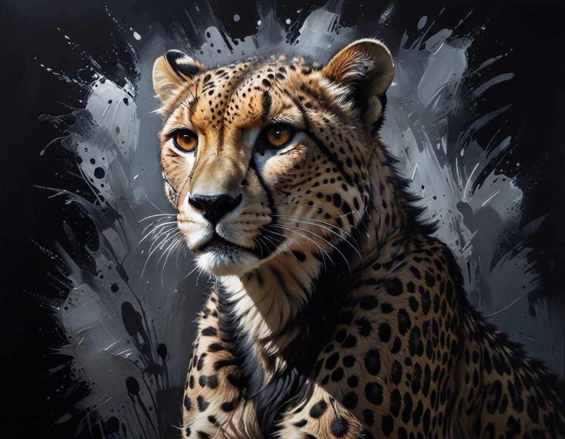 Grunge Cheetah Painting in Pitch Black with Silver Highlight...