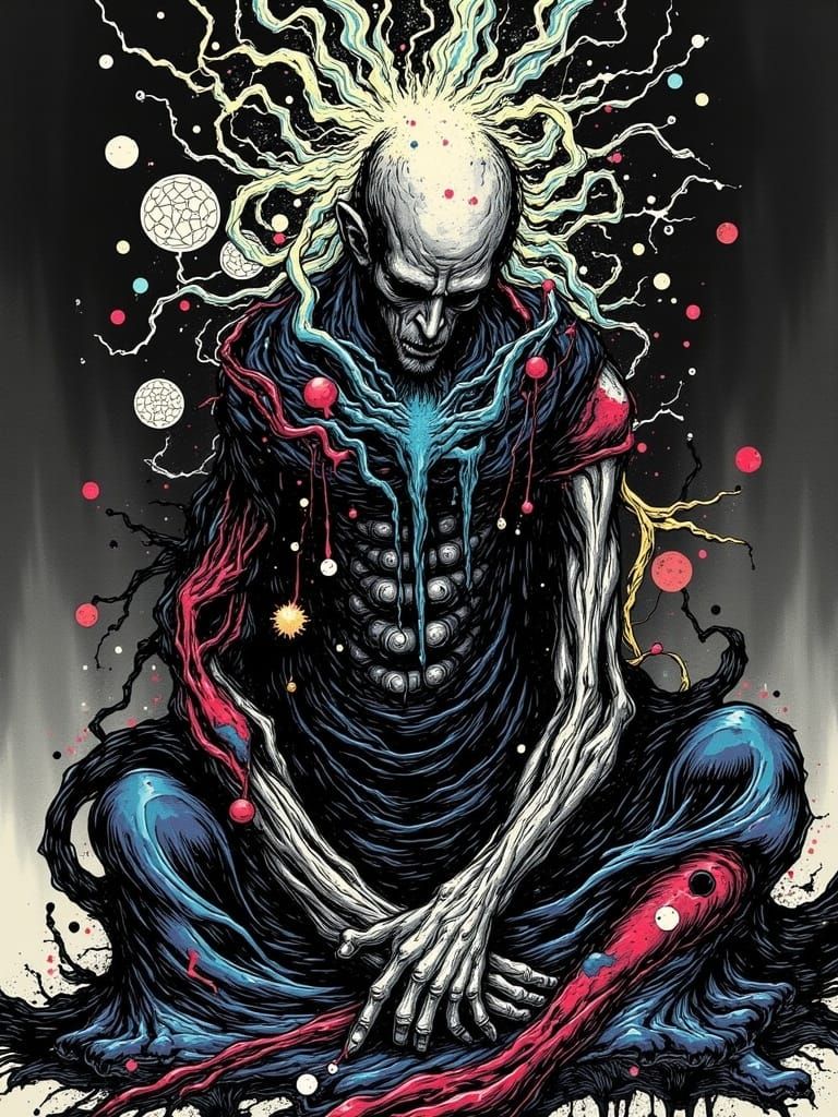 Wise Man Meditating in Entangled Surrealism Style