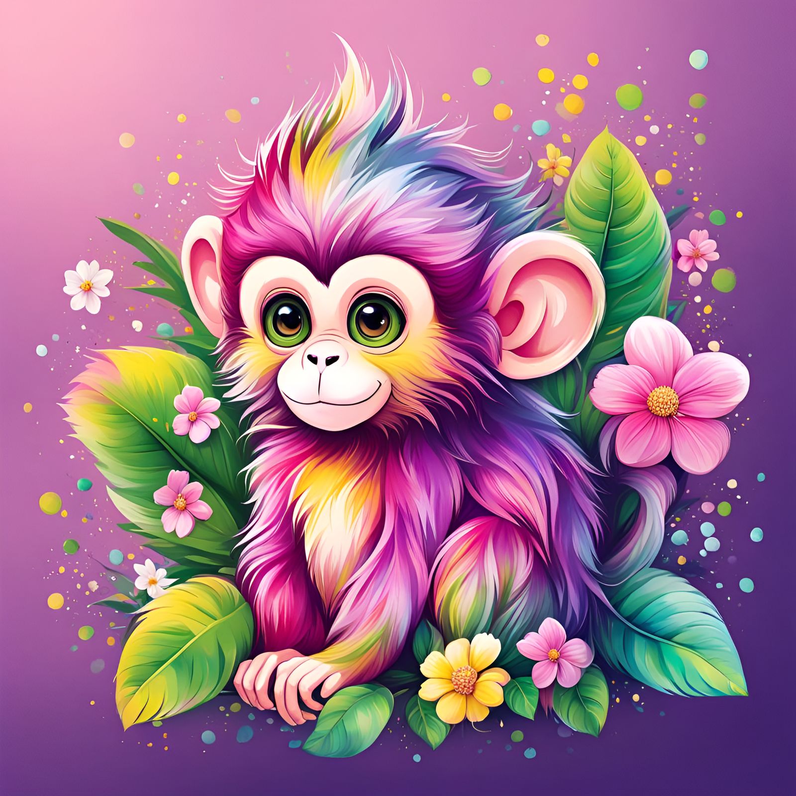 Colorful Baby Monkey with Fantasy Flowers in Ghibli Style