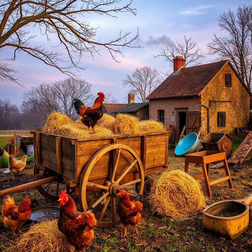 Rustic Farmyard Scene with Hay and Chickens at Golden Hour