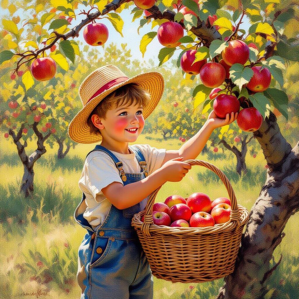 Boy Picking Apples in Golden Hour Oil Painting