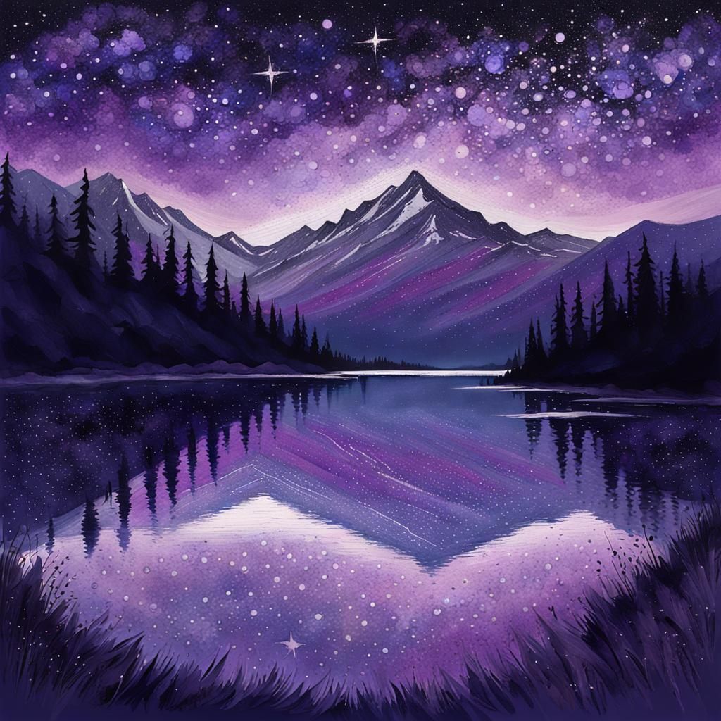 Violet Starry Sky Over Mountain Lake as Pointillism