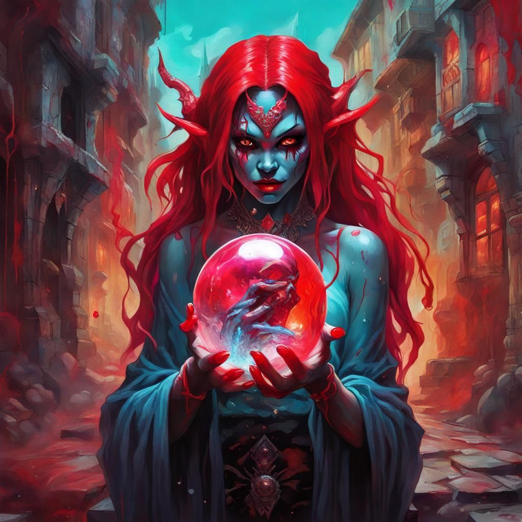 Beautiful Demon with Crystal Ball, in Graffiti Art Style