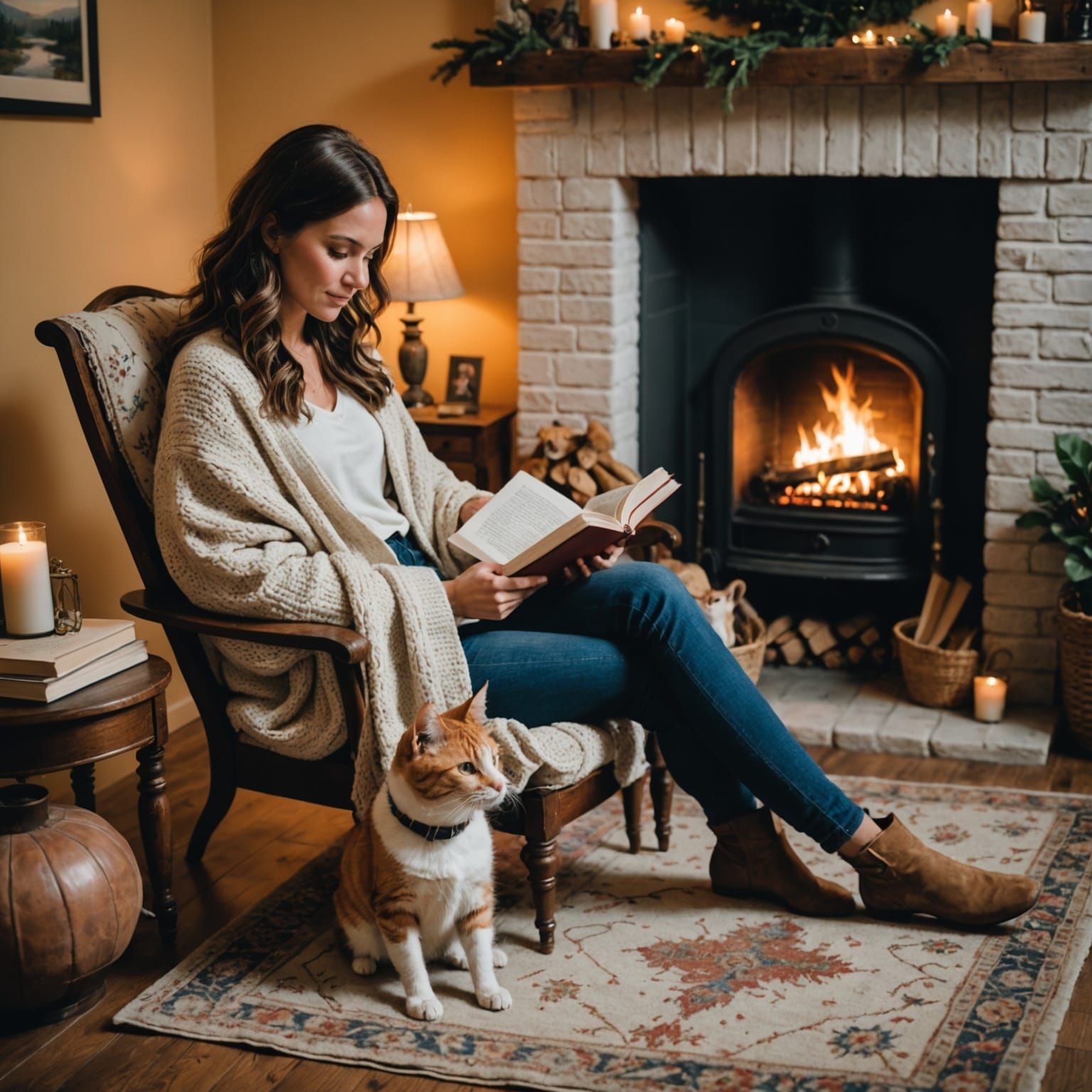 Cozy Evening: Woman Reading by Fireplace with Pets