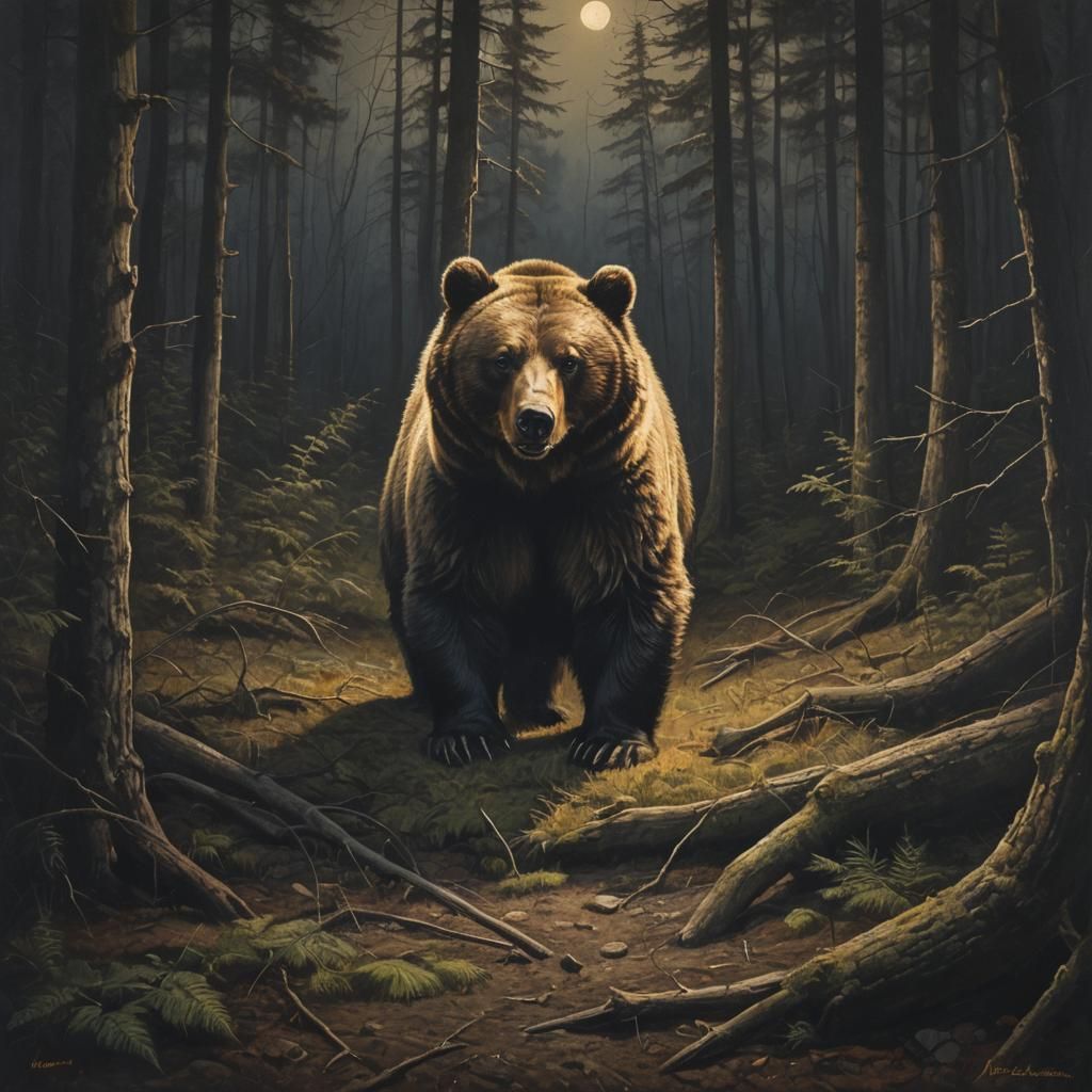 Fierce Bear in Forest Under Moonlight: Oil Painting