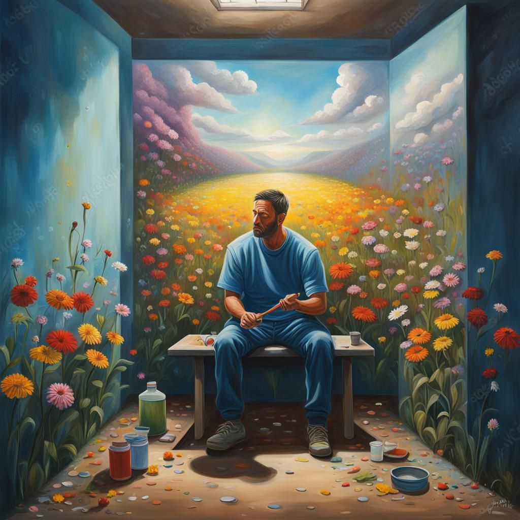 Prisoner's Flower Meadow Painting: Hyperrealistic Splash Art