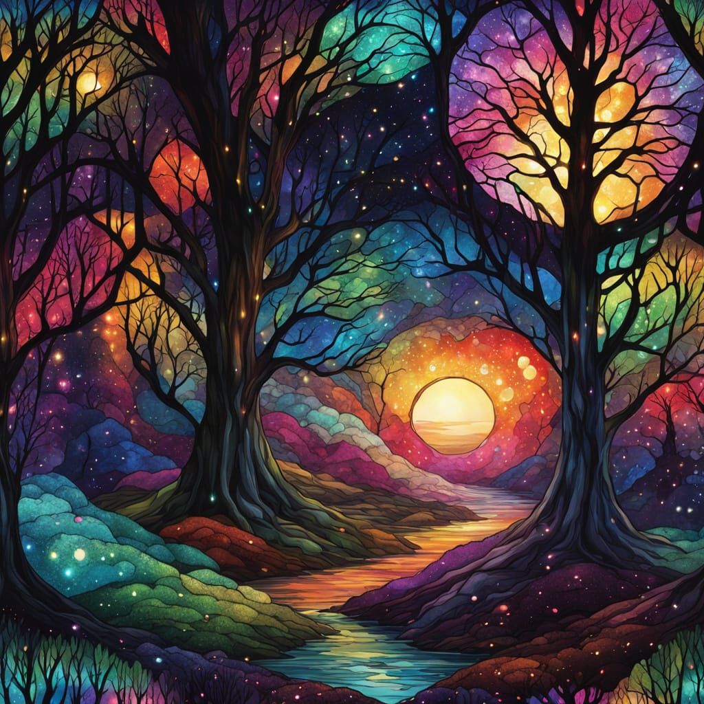 Stained Glass Tree of Magic: Rainbow Anime Landscape