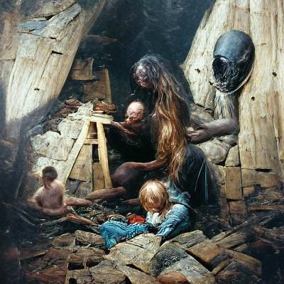 Ancient Family Home Construction: Horror Oil Painting