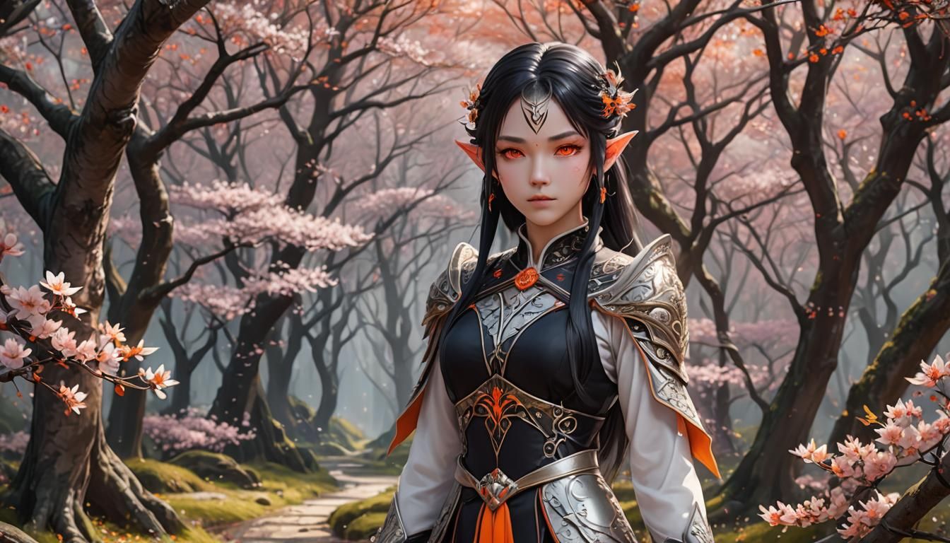 Detailed Elf in Plum Blossom Forest: 3D Anime Art