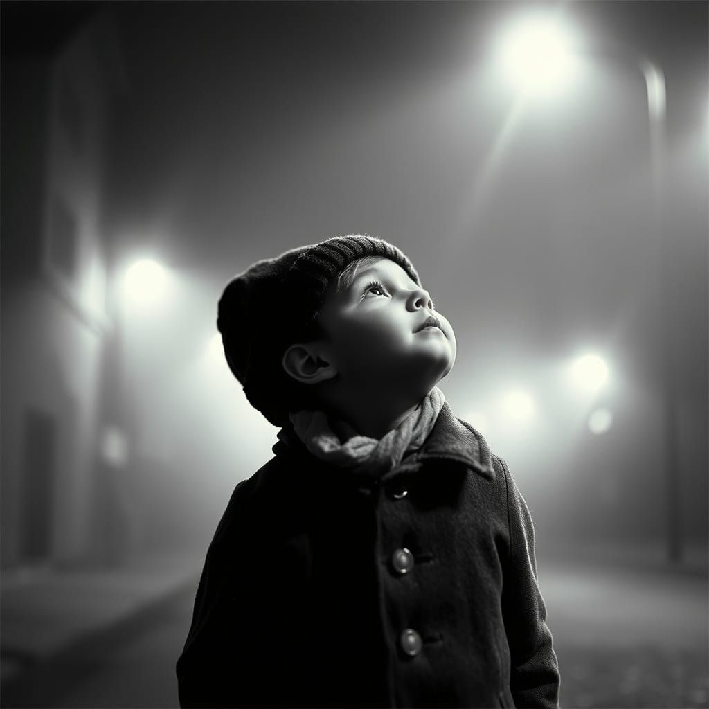Child Gazing at Moonlit Sky in Photorealistic Style