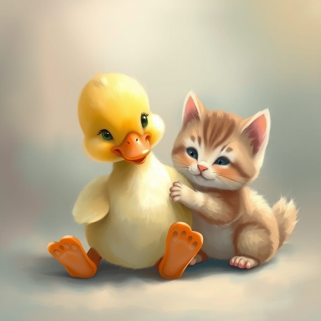 Whimsical Friends: Baby Duck and Cat Play Together in Pastel...