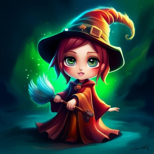 Adorable Chibi Witch in Colorful Splash Art Style