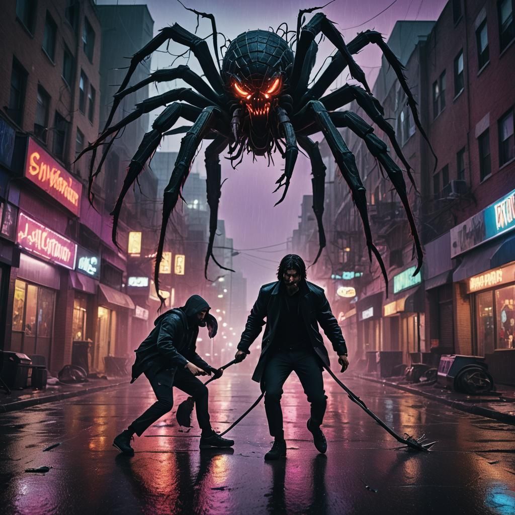 Football Player Battles Spider in Neon City, Cinematic Style
